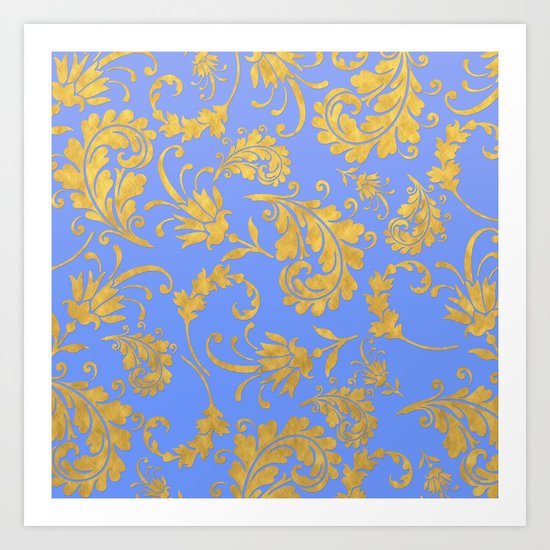 Queenlike- gold floral ornaments on blue backround-luxury pattern Art Print