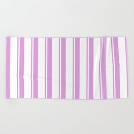 [ Thumbnail: Plum & White Colored Lined/Striped Pattern Beach Towel ]