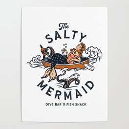 The Salty Mermaid Dive Bar & Fish Shack - Retro Pinup Mermaid Travel Art Poster