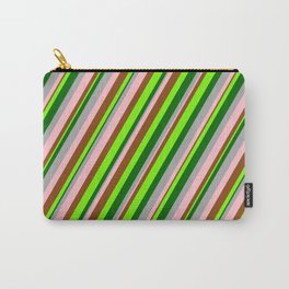 [ Thumbnail: Vibrant Dark Grey, Pink, Brown, Green & Dark Green Colored Lined Pattern Carry-All Pouch ]