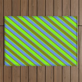 [ Thumbnail: Chartreuse, Cornflower Blue & Green Colored Lined/Striped Pattern Outdoor Rug ]