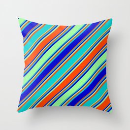 [ Thumbnail: Dark Turquoise, Blue, Green, and Red Colored Striped Pattern Throw Pillow ]