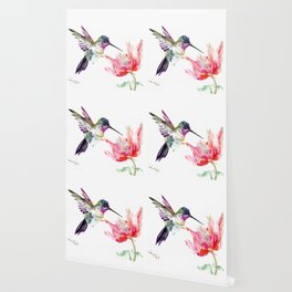 Little Hummingbird and Pink Flower, Bird art, minimalist bird painting, soft pink olive green design Wallpaper