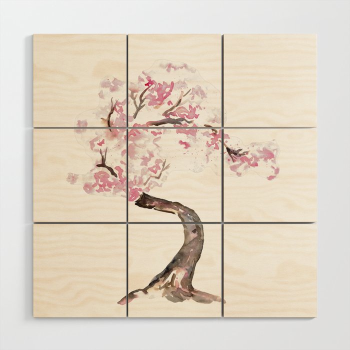 Cherry tree blossom flowers Watercolor Painting Wood Wall Art