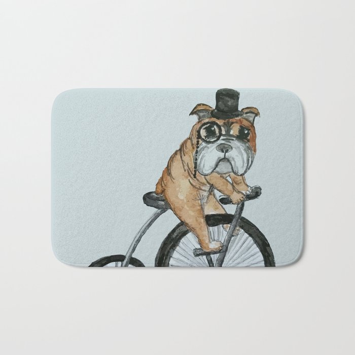 English Bulldog Riding a Penny-farthing Bath Mat