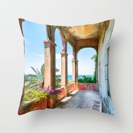 Abandoned Balcony with Sea View Throw Pillow