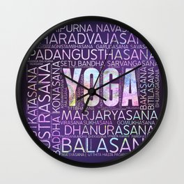 Yoga Asanas  Word Art  on Purple Wall Clock