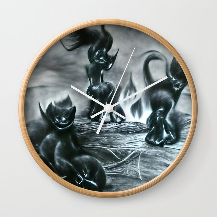 Black kittens playing in hell Wall Clock