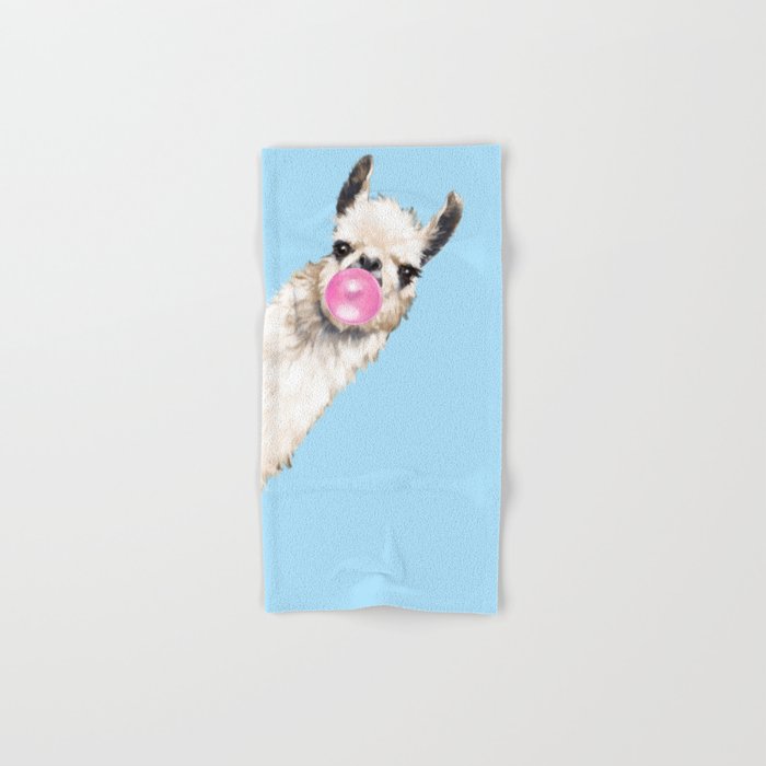 Bubble Gum Sneaky Llama in Blue Hand Bath Towel by Big Nose Work