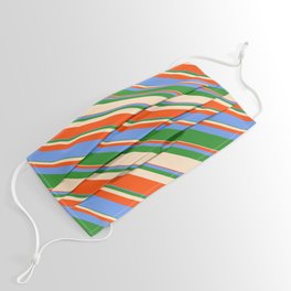 [ Thumbnail: Bisque, Red, Cornflower Blue & Forest Green Colored Stripes/Lines Pattern Face Mask ]