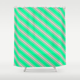 [ Thumbnail: Green & Light Pink Colored Lines Pattern Shower Curtain ]
