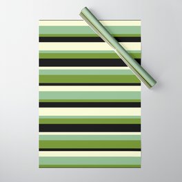 [ Thumbnail: Dark Sea Green, Green, Black & Light Yellow Colored Striped/Lined Pattern Wrapping Paper ]