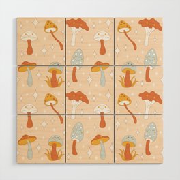 Retro mushrooms with smiles and sparkles. Seamless pattern.  Wood Wall Art