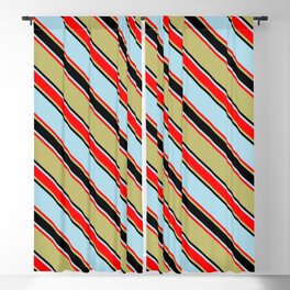 [ Thumbnail: Dark Khaki, Black, Light Blue & Red Colored Pattern of Stripes Blackout Curtain ]