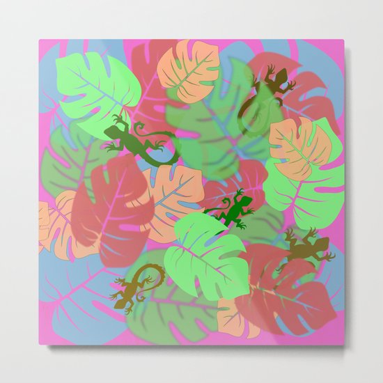 Monstera and Lizards (Retro Pink) Metal Print