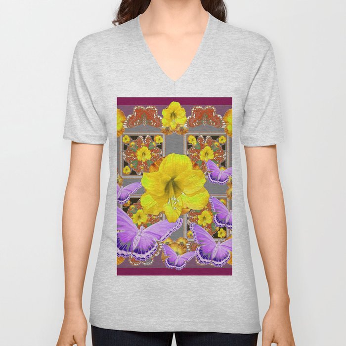 LILAC BUTTERFLIES & YELLOW AMARYLLIS FLOWERS V Neck T Shirt