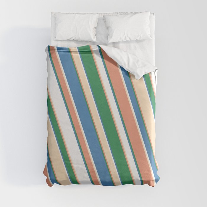 Eye-catching Dark Salmon, Sea Green, Blue, White, and Bisque Colored Stripes Pattern Duvet Cover