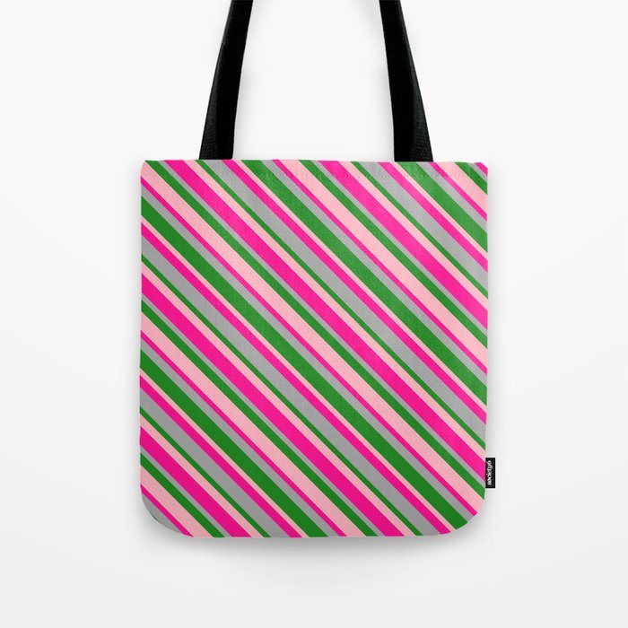 Deep Pink, Dark Gray, Forest Green, and Light Pink Colored Lines/Stripes Pattern Tote Bag