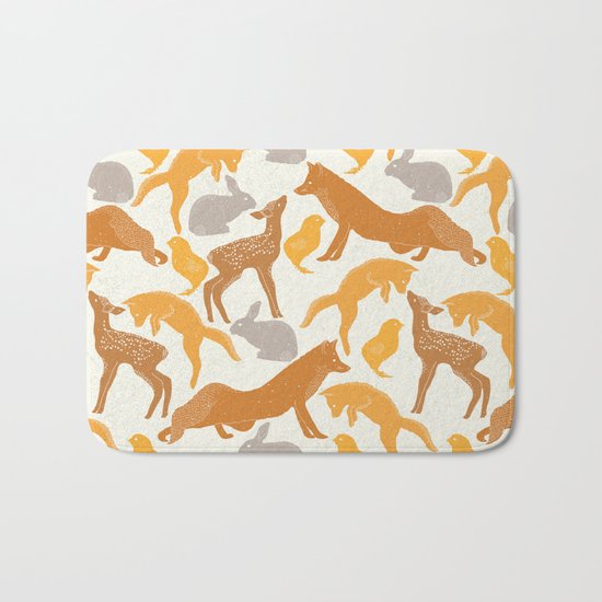 Deer Fox Rabbit Chick Playing Bath Mat