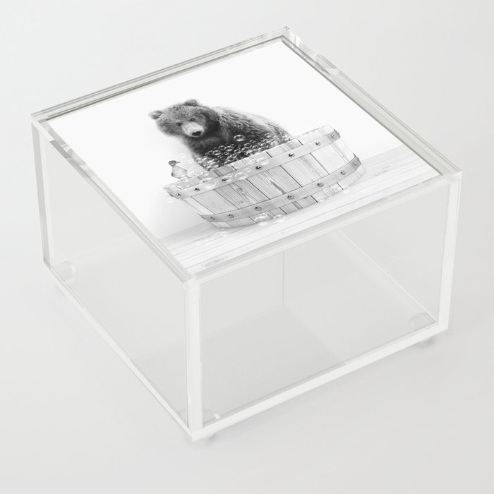 Bear in Wooden Bathtub, Bear and Duckling, Black and White, Bathtub Animal Art Print By Synplus Acrylic Box