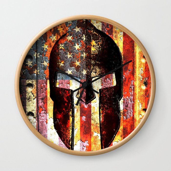 American Flag And Spartan Helmet On Rusted Metal Door - Molon Labe Wall Clock
