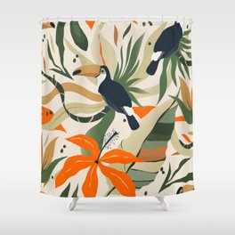 Modern exotic jungle plants illustration pattern with toucan bird Shower Curtain
