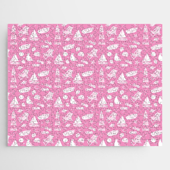 Pink And White Summer Beach Elements Pattern Jigsaw Puzzle