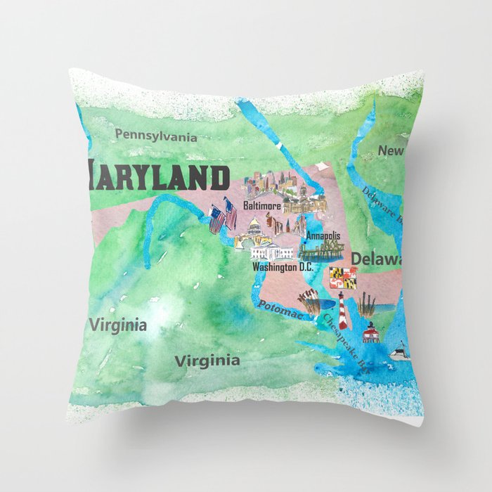 USA Maryland State Travel Poster Map with Touristic Highlights Throw Pillow