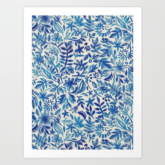 Floating Garden - a watercolor pattern in blue Art Print
