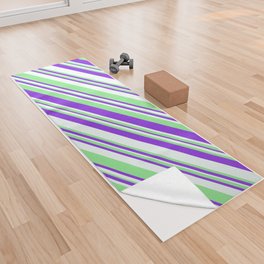 [ Thumbnail: Purple, Mint Cream & Light Green Colored Striped Pattern Yoga Towel ]