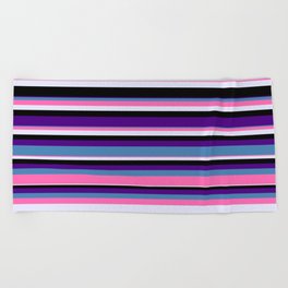 [ Thumbnail: Eyecatching Indigo, Blue, Hot Pink, Lavender, and Black Colored Lines Pattern Beach Towel ]