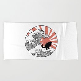 Godzilla Rising Sun The Great Wave  Beach Towel