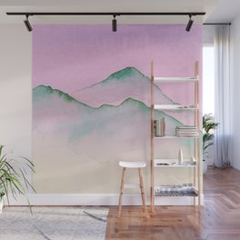 Green Top Mountain Range With Pink Sky Wall Mural