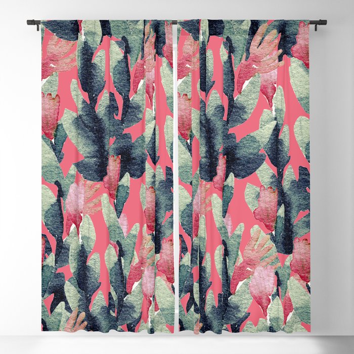 Coral pink navy blue mint green watercolor floral Blackout Curtain