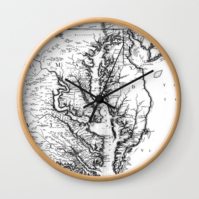 Vintage Map of The Chesapeake Bay (1719) BW Wall Clock