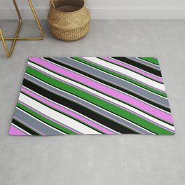 [ Thumbnail: Vibrant Slate Gray, Violet, Forest Green, Black, and White Colored Stripes Pattern Rug ]