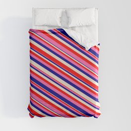 [ Thumbnail: Beige, Red, Hot Pink, and Dark Blue Colored Stripes/Lines Pattern Duvet Cover ]