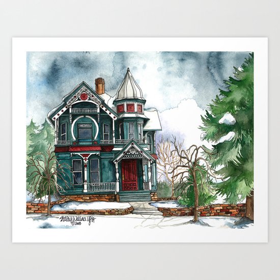 Blue House on a Grey Day Art Print