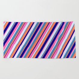 [ Thumbnail: Colorful Lavender, Blue, Coral, Dark Blue, and Hot Pink Colored Lines/Stripes Pattern Beach Towel ]