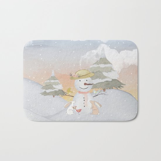 Winter Wonderland- Snowman birds and bunnies - Watercolor illustration Bath Mat