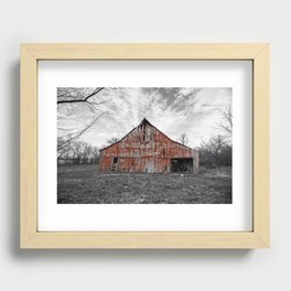 Worn Paint - Rustic Red Barn Against Black and White Landscape on Early Spring Day in Missouri Recessed Framed Print