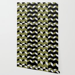 Vintage Diagonal Rectangles Black White Olive Green Wallpaper