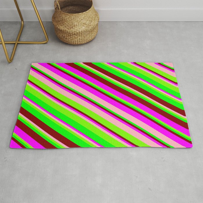 Vibrant Fuchsia, Light Pink, Green, Lime, and Maroon Colored Pattern of Stripes Rug