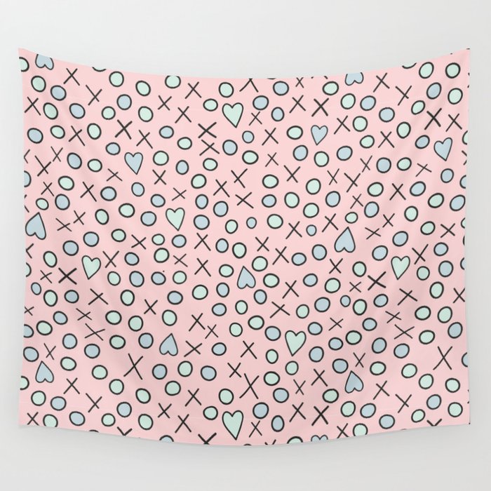 Pink, green and blue hearts and shapes design Wall Tapestry
