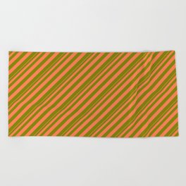 [ Thumbnail: Coral & Green Colored Striped Pattern Beach Towel ]