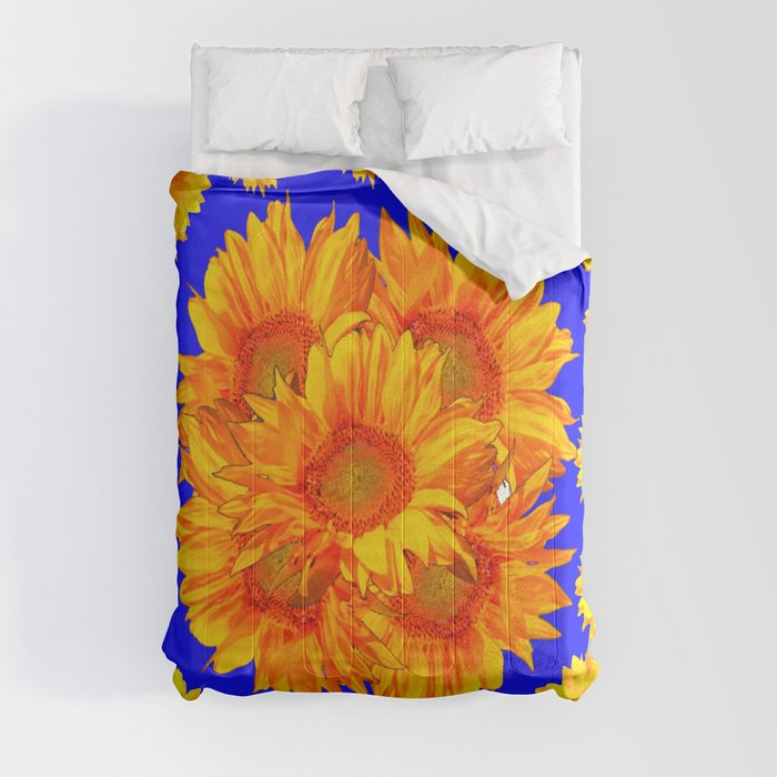 Royal Blue Golden Sunflowers Garden Art Comforter