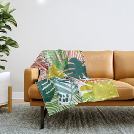 Tropical Garden, Botanical Colorful Jungle Watercolor Painting, Monstera Palm Nature Blush Bohemian Throw Blanket