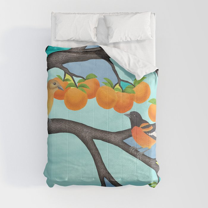 Baltimore oriole couple in the stained glass tree Comforter
