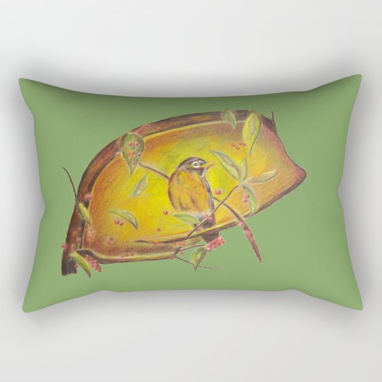 Festive Christmas Bird on a Berry Tree for the Holidays in Green Rectangular Pillow