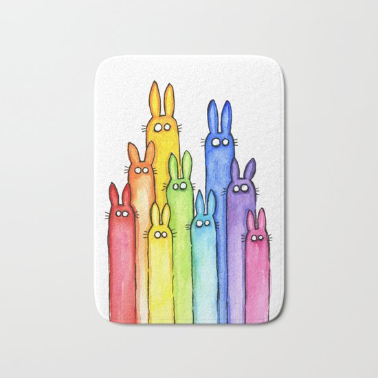 Rainbow of Bunny Rabbits Watercolor Bath Mat